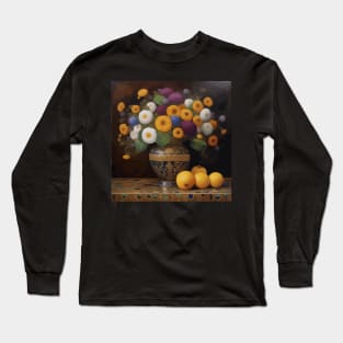 Still Life Painting with Cute Abstract Flowers and Fruit Long Sleeve T-Shirt